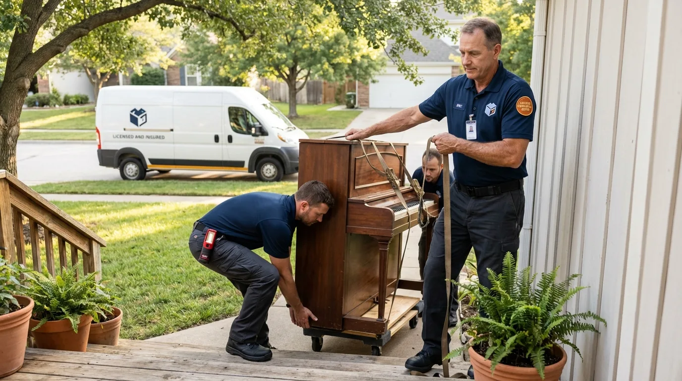 Licensed piano movers securing grand piano in Patterson, CA