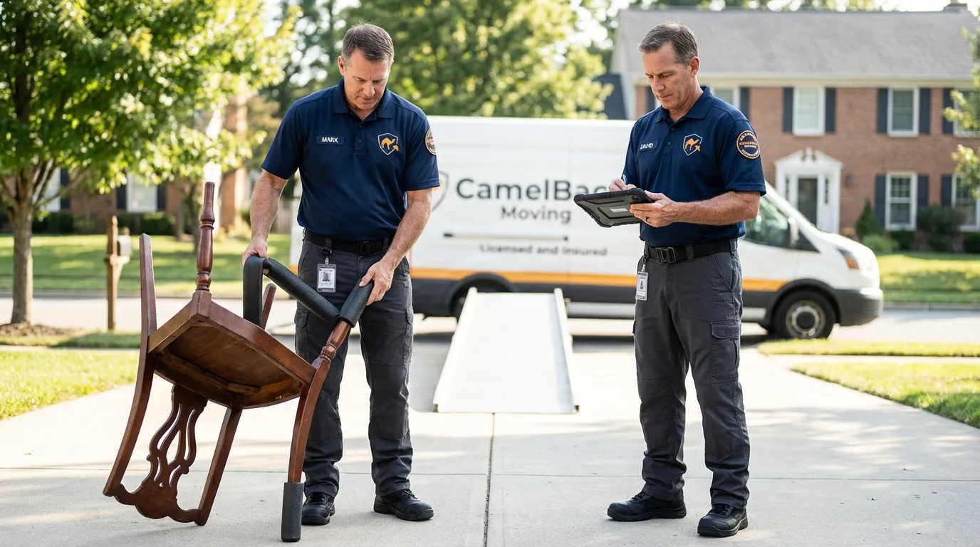 Movers inspecting furniture for damage prevention before loading in Patterson, CA